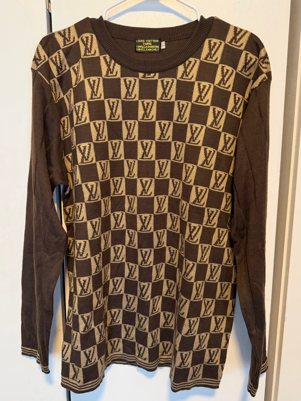 Louis Vuitton Brown & Beige Checker Logo Crewneck Sweater (Men)